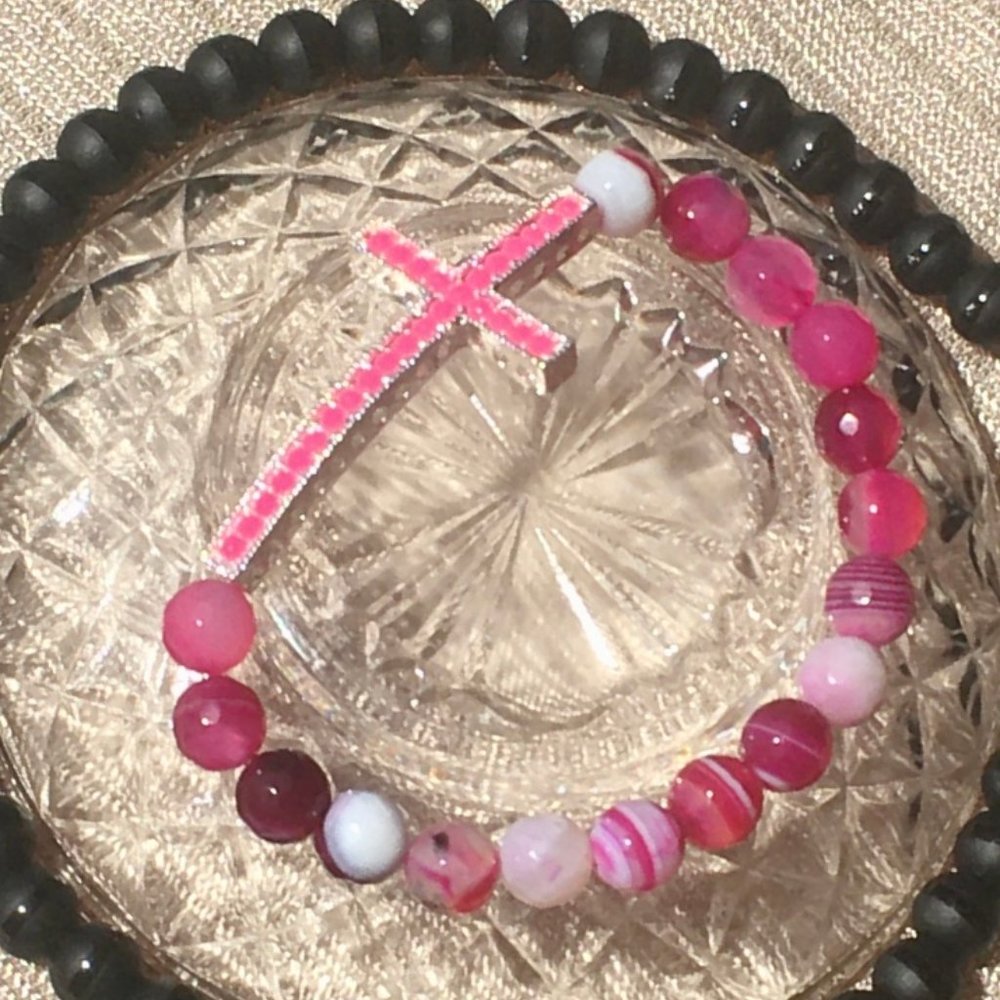 Crystal Cross Collection: Pink Agate Precious Stones Bracelet - Picture 3 of 6